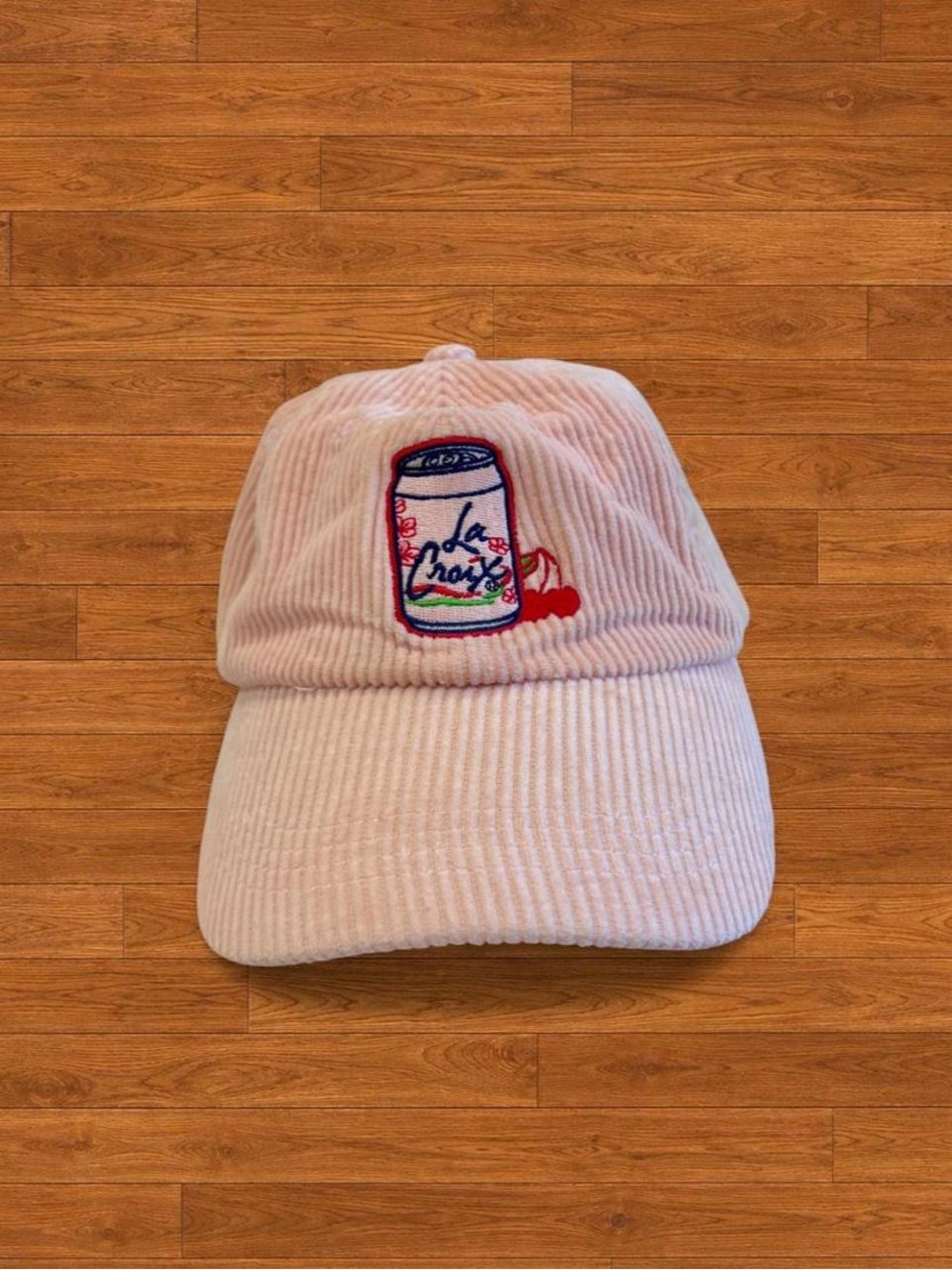 Corduroy Pink Baseball Cap with La Croix Can Embroidery